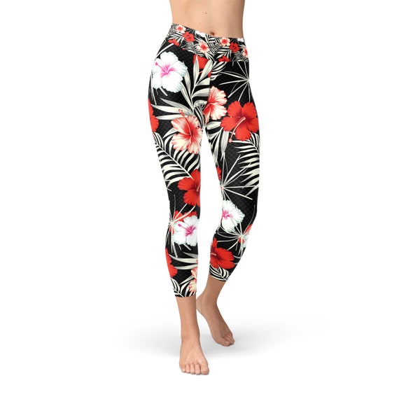 Hibiscus Flower Yoga Capri Leggings for Women High Waisted Mid