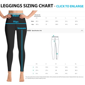 May include: A sizing chart for leggings with measurements in inches. The chart shows waist, hip, and inseam measurements for sizes XS, S, M, L, and XL. The chart also includes a diagram of a person wearing leggings with measurements labeled A, B, and C.