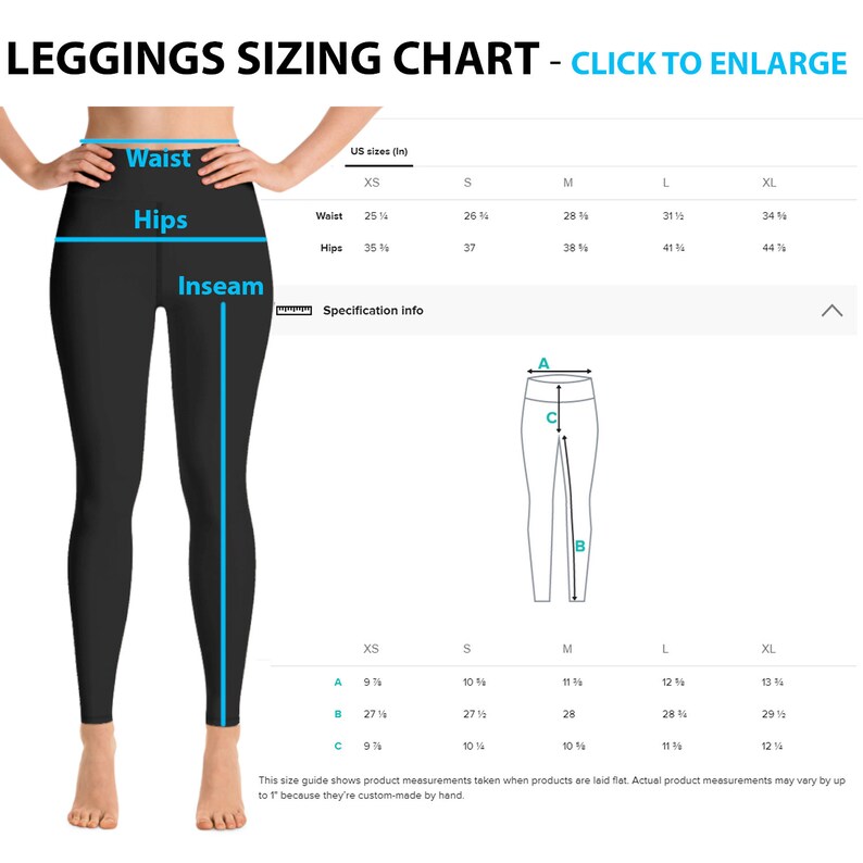 May include: A sizing chart for leggings with measurements in inches. The chart shows waist, hip, and inseam measurements for sizes XS, S, M, L, and XL. The chart also includes a diagram of a person wearing leggings with measurements labeled A, B, and C.
