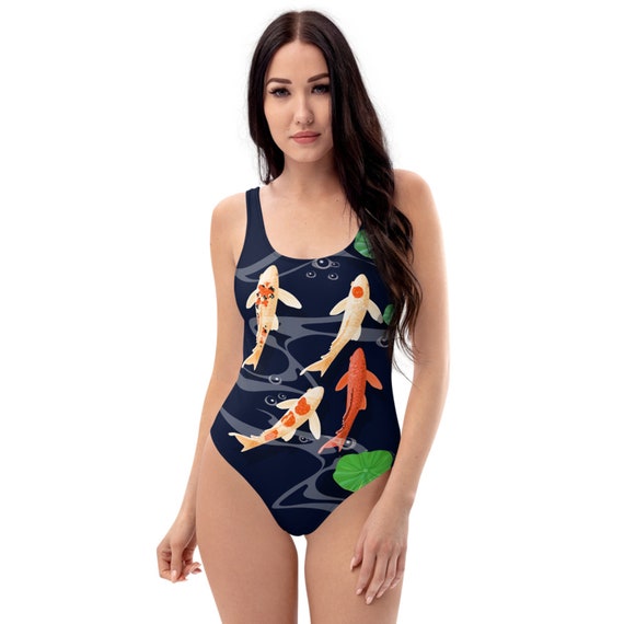 Koi Fish Swimsuit One Piece Bathing Suit W/ Navy Blue Koi Fish in