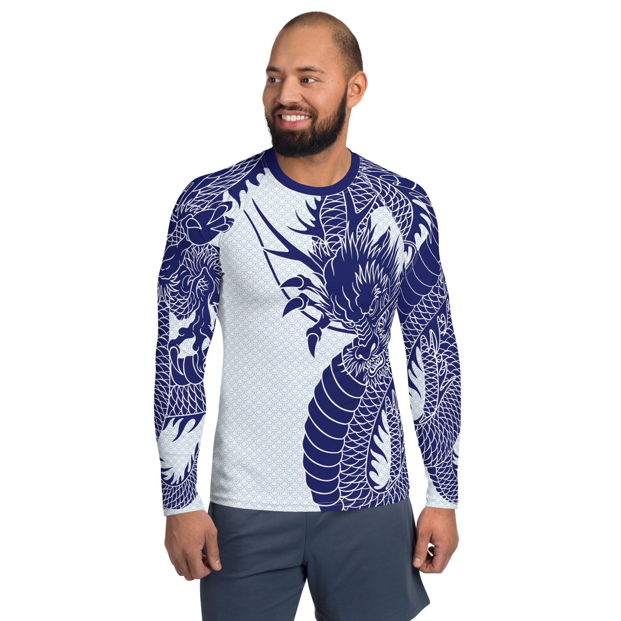 Japanese Dragon Long Sleeve Rash Guard for Men Navy Blue Tattoo Design ...