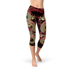 May include: Black, red, and gold capri leggings with a dragon design.