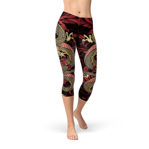 Chinese Dragon Print Capris for Women Dragon Capri Leggings With