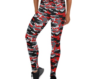 Red Camouflage Yoga Leggings for Women High Waisted Full Length Camo Pattern Print Workout Pants Perfect for Running, Crossfit & Athleisure