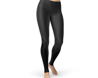 Carbon Fiber Black Yoga Leggings - Black Print Pattern Leggings, Carbon Fiber Tights, Carbon Fiber Leggings, Carbon Fiber Yoga Pants