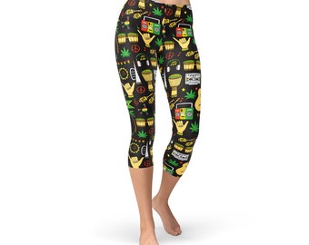 Reggae Capri Leggings - Reggaeton Capri, Good Vibes Capri, Music Capri, Cannabis Capri, Peace Capri, Bob Marley Capri, Weed Capri Leggings