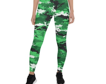 Green Camo Leggings for Women Army / Military Camouflage Pattern Mid Waist Full Length Workout Pants Perfect for Running, Crossfit and Yoga