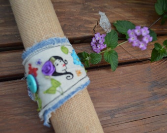 Fabric Bracelet - Fabric Cuff Bracelet - Denim Bracelet - Embroidered Bracelet - Wristlet - Beauty Cuff Wristlet