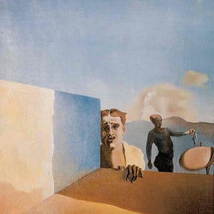 May include: Surrealist painting featuring two figures and a large, geometric form. One figure peeks from behind a wall, while another stands in the background holding an object. The color palette includes blues, browns, and whites.