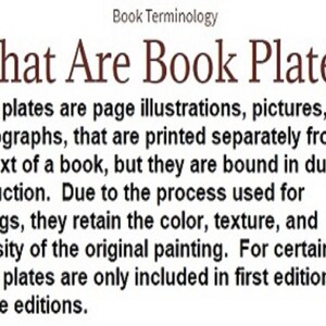 Puede incluir: Una imagen de texto en blanco y negro que explica qu&eacute; son las l&aacute;minas de libros. Las l&aacute;minas de libros son ilustraciones de p&aacute;gina, im&aacute;genes o fotograf&iacute;as que se imprimen por separado del texto de un libro, pero se encuadernan durante la producci&oacute;n. Debido al proceso utilizado para las placas, conservan el color, la textura y la intensidad de la pintura original. Para ciertos t&iacute;tulos, las l&aacute;minas solo se incluyen en las primeras ediciones o en las ediciones de lujo.