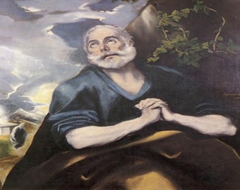 El Greco: "Saint Peter In Tears", Extremely Rare Original Vintage Bookplate Print, Painting Circa 1580. Religious Art; Religious Art Print