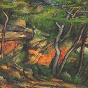 May include: A painting of a forest scene with tall, slender trees and a rocky cliff face. The trees are painted in shades of green and brown, while the rocks are a mix of gray, brown, and orange. The painting has a textured, brushstroke-heavy style.
