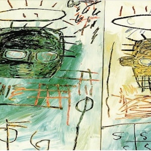 May include: A painting of two faces with halos above them. The faces are drawn in a stylized manner with black outlines and filled in with green and yellow paint. The background is a mix of blue, green, and white paint with scribbled lines and shapes.