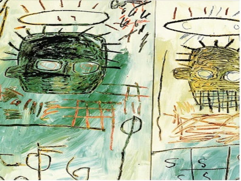 May include: A painting of two faces with halos above them. The faces are drawn in a stylized manner with black outlines and filled in with green and yellow paint. The background is a mix of blue, green, and white paint with scribbled lines and shapes.