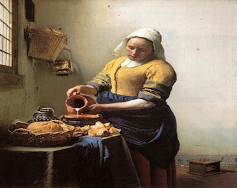 Johannes Vermeer: “La lechera”, lámina de ex libris antigua extremadamente rara, pintura circa 1658. Lámina de arte barroco; arte barroco; arte de Vermeer