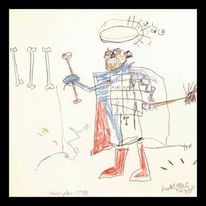 Puede incluir: Un dibujo colorido de una persona con un halo, que lleva botas rojas y una camisa a rayas azules y rojas. El dibujo est&aacute; sobre papel blanco e incluye el texto "Ribs Ribs" y "Jean-Michel Basquiat 81".