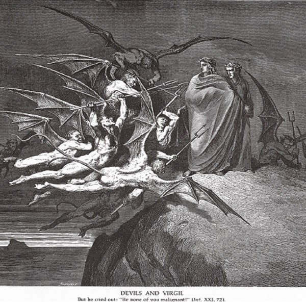 Gustav Dore "Dante’s Divine Comedy: Devils And Virgil", Extremely Rare Original, New Bookplate Print, Wood Engraving Circa 1861-68. Dore Art
