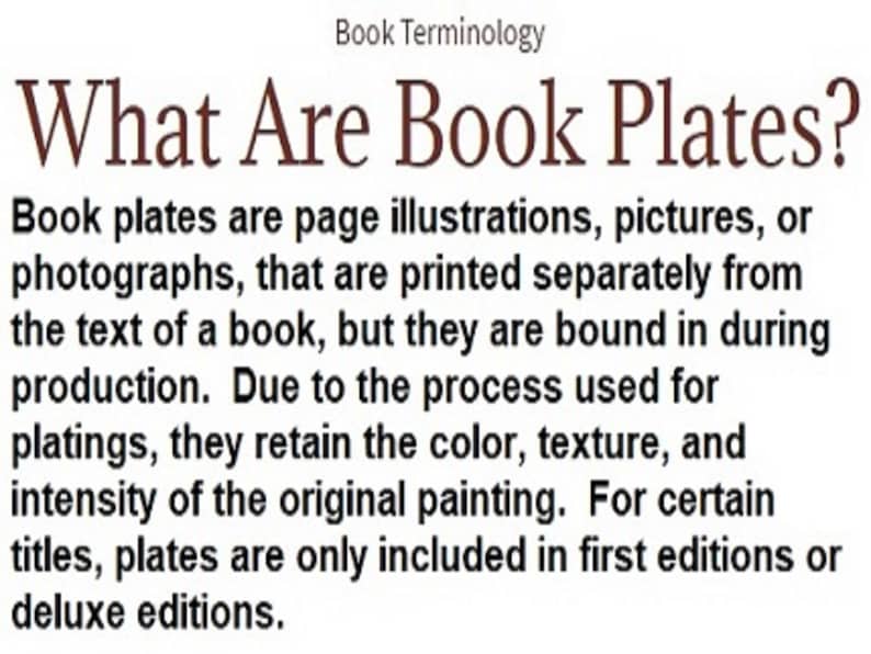 May include: Text on a white background reads "Book Terminology" and "What Are Book Plates?" The text explains that book plates are illustrations or photographs printed separately from the text but bound during production.