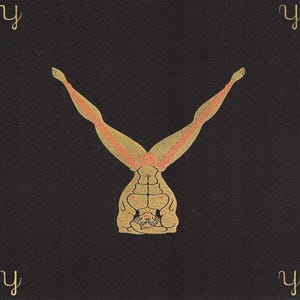 May include: A gold and red illustration of a person standing on their head with their legs in the air, forming a Y shape. The image is on a black background with the letter Y in gold at each corner.
