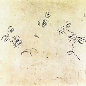 May include: A black and white line drawing of two faces. The faces are drawn in a simple style, with only the basic features of the eyes, nose, and mouth.