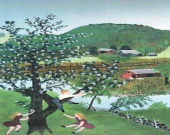 Grandma Moses: “Río Hoosick, Verano”, Lámina original extremadamente rara, Pintura circa 1952. Americana; Arte Americana; Arte Realista