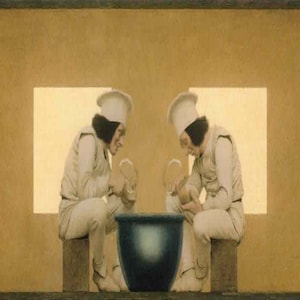 May include: Two figures wearing white chef hats and white clothing are seated facing each other. They are holding small white objects in their hands. A large blue bowl sits between them on a wooden platform.