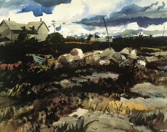 Andrew Wyeth: "Lobster Traps", Extremely Rare Vintage Bookplate Print, Painting Circa 1939. Wyeth Art; Wyeth Print; Wyeth Art Print