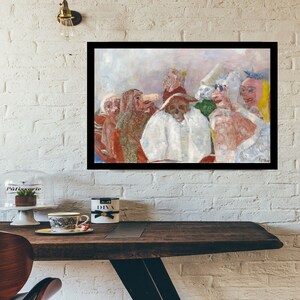 May include: A painting of a group of people wearing masks and costumes. The painting is done in a style that is reminiscent of the work of Pablo Picasso. The people in the painting are all looking at the viewer. The painting is set against a background of a cloudy sky.