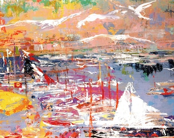 LeRoy Neiman: "Monte Carlo Harbor", Extremely Rare Vintage Bookplate Print, Painting Circa 1976. Sailing Art Print; LeRoy Neiman