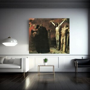 May include: A painting depicting a scene of the crucifixion of Jesus Christ. The painting is dark and dramatic, with a focus on the suffering of Jesus and the despair of those around him. The painting is set against a dark background, with a red sky in the distance. The figures in the painting are all dressed in dark clothing, and their faces are filled with sorrow and pain.