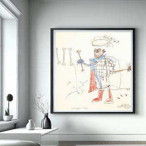 Puede incluir: Un dibujo enmarcado de una persona de palo con un halo, sosteniendo un palo y de pie frente a tres objetos con forma de hueso. El dibujo est&aacute; hecho con l&aacute;piz de color negro, rojo, azul y verde sobre papel blanco. El texto "January 1998" est&aacute; escrito en la esquina inferior izquierda y "Jamie Miller 1998" est&aacute; escrito en la esquina inferior derecha.