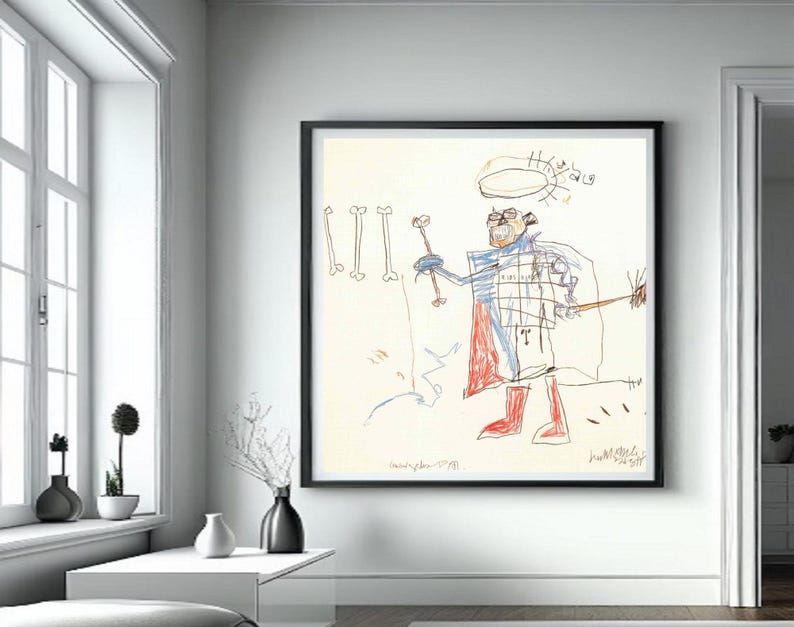 Puede incluir: Un dibujo enmarcado de una persona de palo con un halo, sosteniendo un palo y de pie frente a tres objetos con forma de hueso. El dibujo est&aacute; hecho con l&aacute;piz de color negro, rojo, azul y verde sobre papel blanco. El texto "January 1998" est&aacute; escrito en la esquina inferior izquierda y "Jamie Miller 1998" est&aacute; escrito en la esquina inferior derecha.