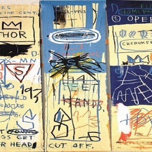 May include: Abstract artwork on three panels. The panels feature text, crowns, geometric shapes, and hand outlines in black, blue, orange, and red on a cream and blue background. Text includes "THOR", "OPERA", and "CHEROKEE".