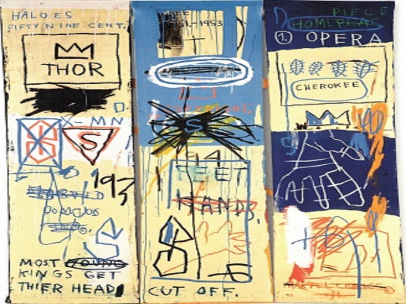 May include: Abstract artwork on three panels. The panels feature text, crowns, geometric shapes, and hand outlines in black, blue, orange, and red on a cream and blue background. Text includes "THOR", "OPERA", and "CHEROKEE".