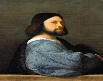 Tiziano: “Retrato de un hombre”, lámina original nueva, extremadamente rara, con ex libris, pintura circa 1510. Tiziano; Retratos; Arte del Viejo Mundo; Viejo Mundo