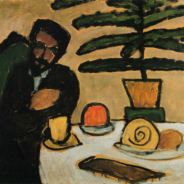 Gabriele Munter: “Man At The Dinner Table (Kandinsky)", Extremely Rare Vintage Bookplate Print, Painting Circa 1911. Expressionism Art