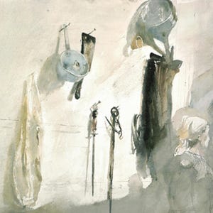 May include: A watercolor painting depicting a kitchen scene with various cooking utensils hanging on a wall. The composition includes a small pot, a cleaver, and long sharpening steels rendered in muted gray, brown, and white tones with loose brushstrokes.