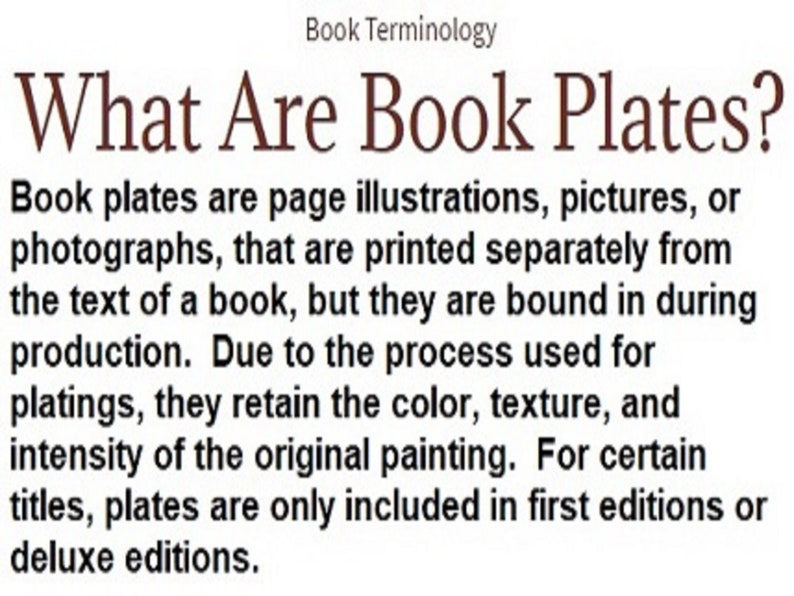 Op de afbeelding: Tekst op een witte achtergrond: "Boek Terminologie" en "Wat zijn boekplaten?" De tekst legt uit dat boekplaten illustraties of foto's zijn die apart van de tekst worden gedrukt, maar tijdens de productie worden gebonden.