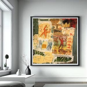 Puede incluir: Impresi&oacute;n de arte abstracto con un collage de formas, figuras y texto coloridos. La impresi&oacute;n presenta un fondo verde con acentos rojos, amarillos y azules. El texto incluye "Sun October 92" y "Frank Zane".