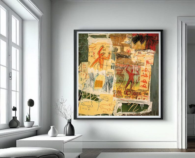 Puede incluir: Impresi&oacute;n de arte abstracto con un collage de formas, figuras y texto coloridos. La impresi&oacute;n presenta un fondo verde con acentos rojos, amarillos y azules. El texto incluye "Sun October 92" y "Frank Zane".