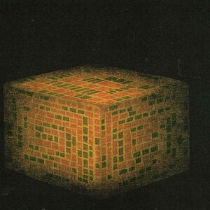 May include: A geometric cube with a mosaic-like pattern of orange and green rectangles. The cube is set against a dark background, creating a contrast that highlights the intricate design. The artwork has a textured appearance.