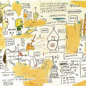 Puede incluir: Pintura abstracta con una paleta de colores amarilla y blanca. La obra presenta varias figuras, s&iacute;mbolos y texto, incluyendo la palabra "ALIENS", una espada y el texto "LUX LUCET IN TENEBRIS". El estilo recuerda al arte graffiti.