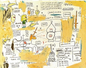 Jean-Michel B.: “Techu-Anpu", Extremely Rare Original Bookplate Print, Painting Circa 1982-83. Modern Art Print; Basquiat Art Print