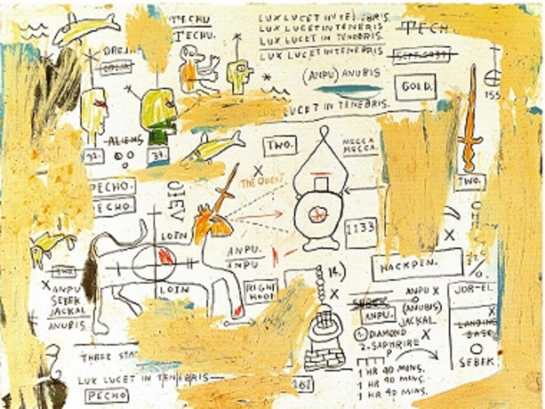 Puede incluir: Pintura abstracta con una paleta de colores amarilla y blanca. La obra presenta varias figuras, s&iacute;mbolos y texto, incluyendo la palabra "ALIENS", una espada y el texto "LUX LUCET IN TENEBRIS". El estilo recuerda al arte graffiti.