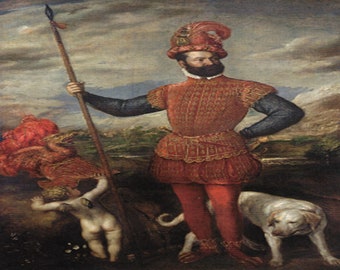 Tiziano: “Retrato de un hombre con traje militar”, Ex libris original extremadamente raro, pintura circa 1550. Tiziano; Arte del Viejo Mundo