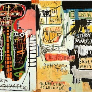 Puede incluir: Pintura abstracta con fondo negro y una figura central con cabeza de calavera. La figura est&aacute; rodeada de l&iacute;neas y formas coloridas, incluyendo una escalera, un p&aacute;jaro rojo y amarillo, y texto que dice "VOTE ALL DEBTS BLIC+ PRIVATE", "FLEAS", "DEHYDRATE", "DEHYDRA FED", "STUDY OF THE MALE TORSO", "LUTO", "SICKLES MATTOCKS", "46, LEECHES", "47, LEECHES", y "SALT".