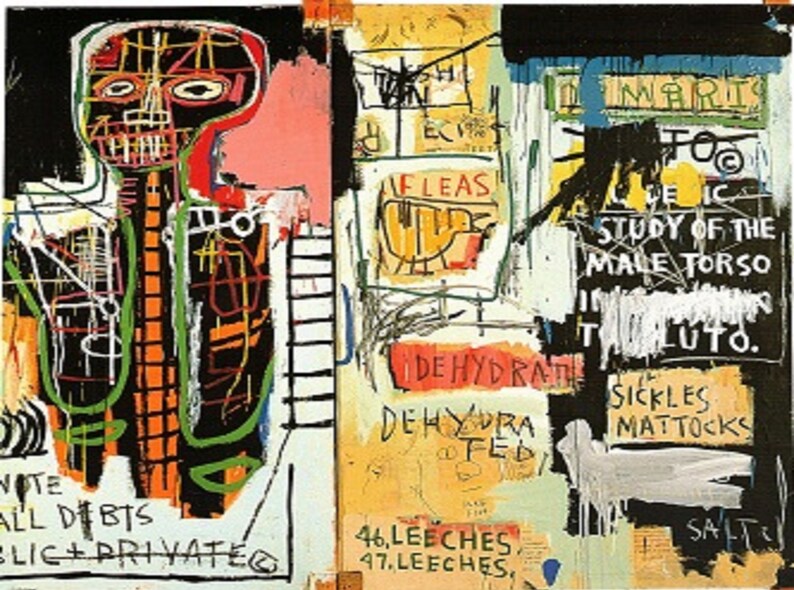 Puede incluir: Pintura abstracta con fondo negro y una figura central con cabeza de calavera. La figura est&aacute; rodeada de l&iacute;neas y formas coloridas, incluyendo una escalera, un p&aacute;jaro rojo y amarillo, y texto que dice "VOTE ALL DEBTS BLIC+ PRIVATE", "FLEAS", "DEHYDRATE", "DEHYDRA FED", "STUDY OF THE MALE TORSO", "LUTO", "SICKLES MATTOCKS", "46, LEECHES", "47, LEECHES", y "SALT".