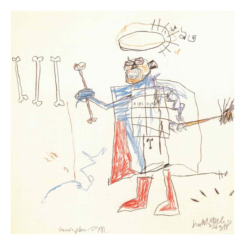 Puede incluir: Un dibujo colorido de una persona con un halo, que lleva botas rojas y una camisa a rayas azules y rojas. El dibujo est&aacute; sobre un fondo blanco e incluye el texto "RIBS RIBS" y "Good plus 78L."