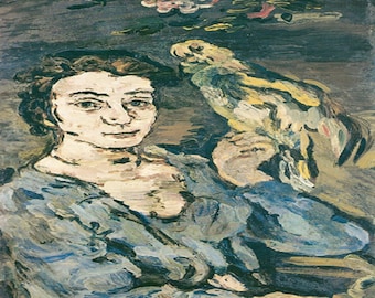 Oskar Kokoschka: “Lady With A Parrot", Extremely Rare Vintage Bookplate Print, Painting Circa 1907. Expressionism Art Print; Expressionism