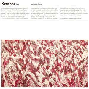 May include: A rectangular painting titled Another Storm by Lee Krasner featuring a dense, abstract composition of overlapping, frenzied crimson and white brushstrokes across the entire surface, creating a textured, cross-hatched visual effect.